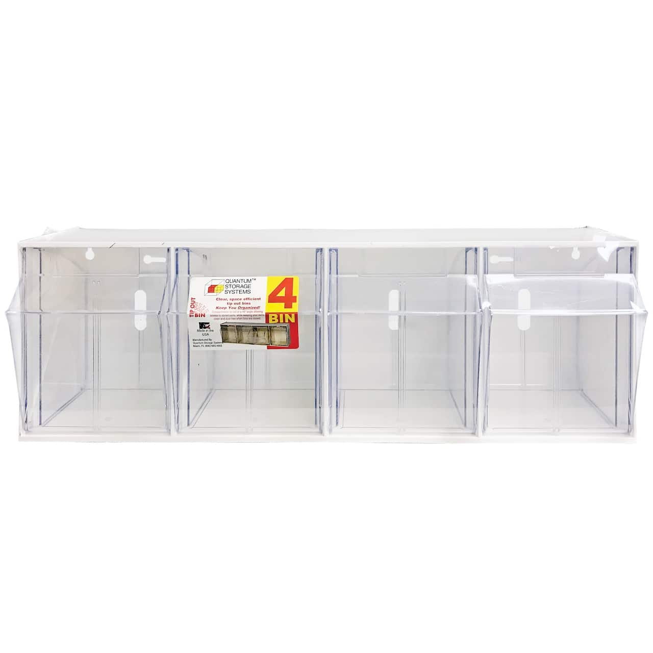 Quantum Storage Systems® 8.125" x 23.625" White 4 Compartment Storage Box with Clear Tip Out Bins